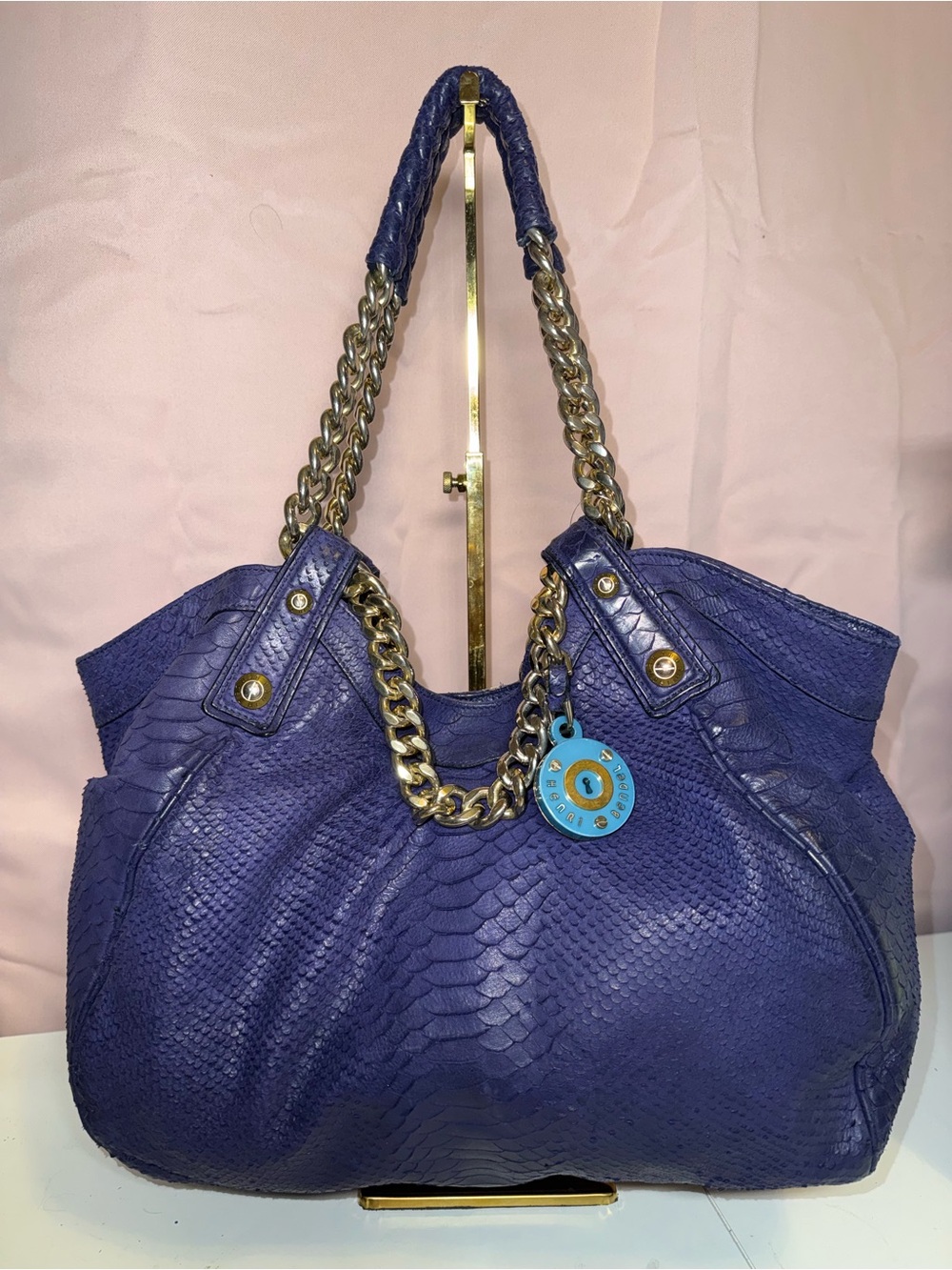 Henri Bendel Milliner Snake Shopper Purple Embossed Leather Chain Bag 💜 🐍